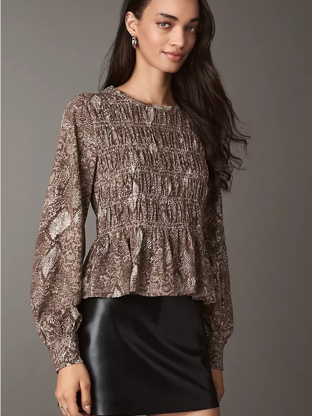 Pilcro Brown Snake-Print Smocked Peplum Blouse
